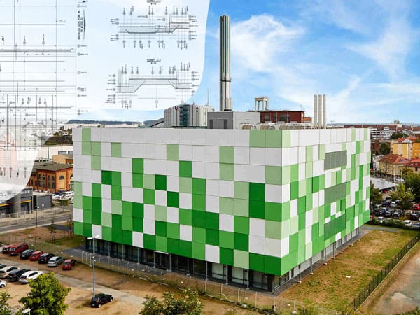 Kompozitni vizual data centra mainCubes One u Offenbachu, kombinacija fotografije zgrade i građevinskog nacrta (verzija za carousel)