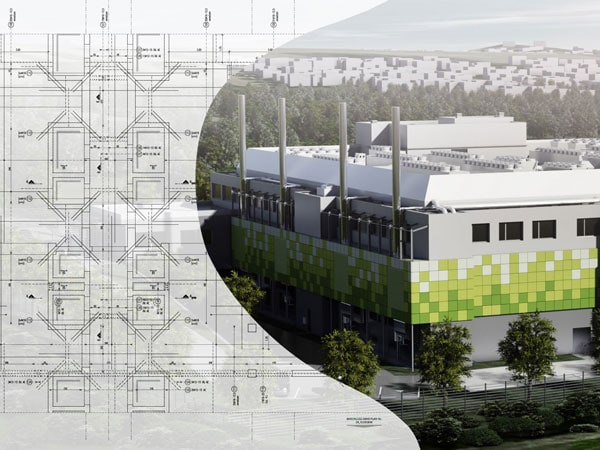 Kompozitni vizual podatkovnog centra FRA02 u Schwalbachu a. Ts., kombinacija fotografije i građevinskog nacrta (verzija za carousel)