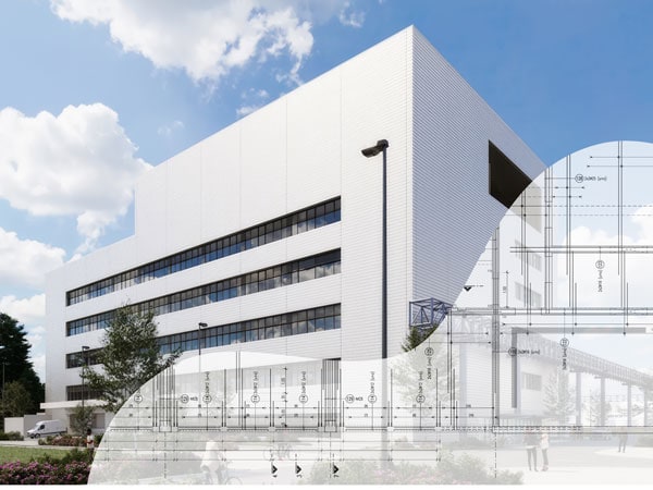 Kompozitni vizual pogona Roche BCMP u Penzbergu, kombinacija fotografije zgrade i građevinskog nacrta (verzija za carousel)