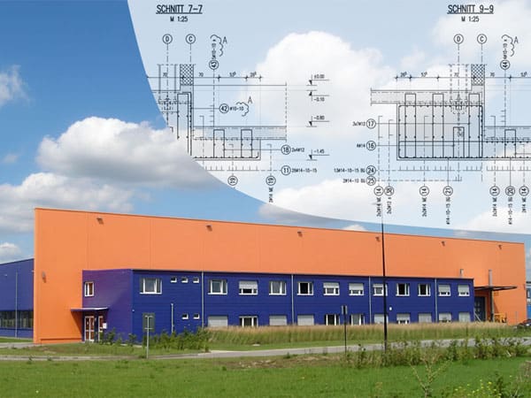 Kompozitni vizual proizvodnog pogona Sunways u Arnstadtu, kombinacija fotografije i građevinskog nacrta (verzija za carousel)