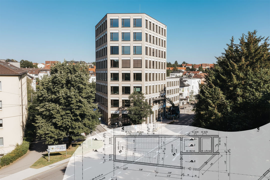 Combination of a photo of Acht Zwei Vier office building and construction drawing (Reference version)