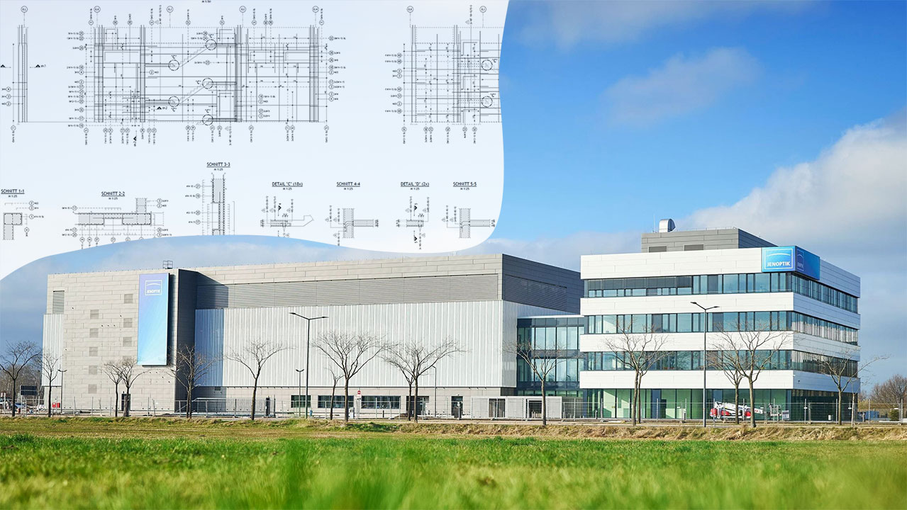 Combination of a photo of Moonraker production facility and construction drawing (Reference version)