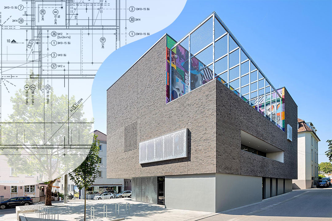 Composite visual of the Jugendhaus Heslach youth center in Stuttgart, combining a building photo with a construction drawing (Reference version)