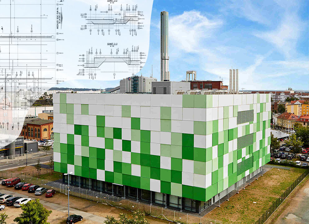 Combination of a photo of mainCubes One data center and construction drawing (Reference version)