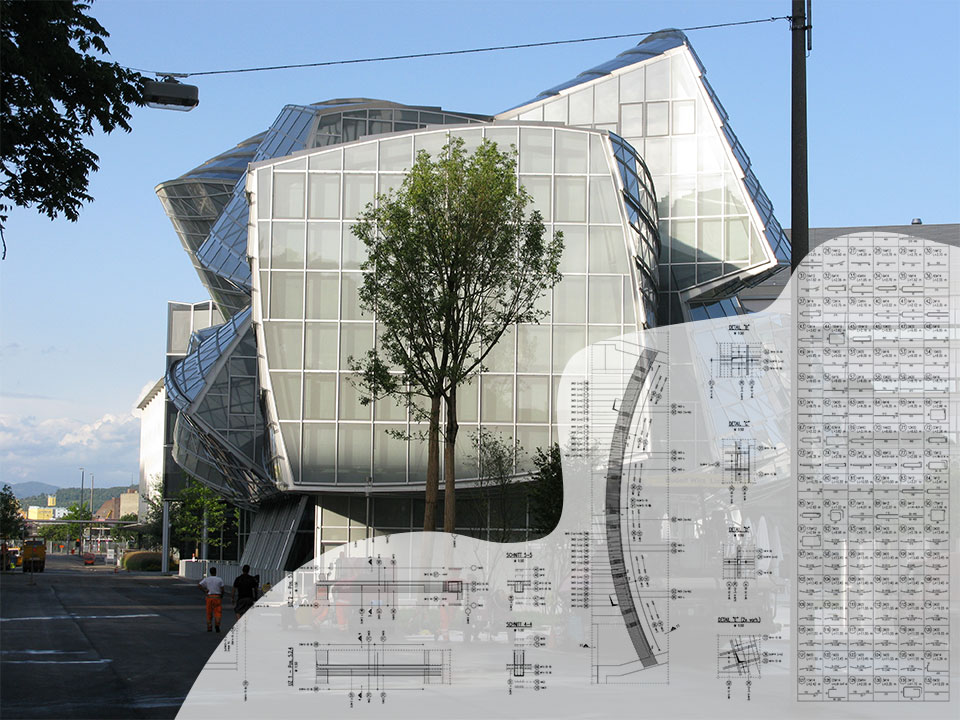 Composite visual of the Novartis WSJ-243 building in Basel, combining a building photo with a construction drawing (Reference version)