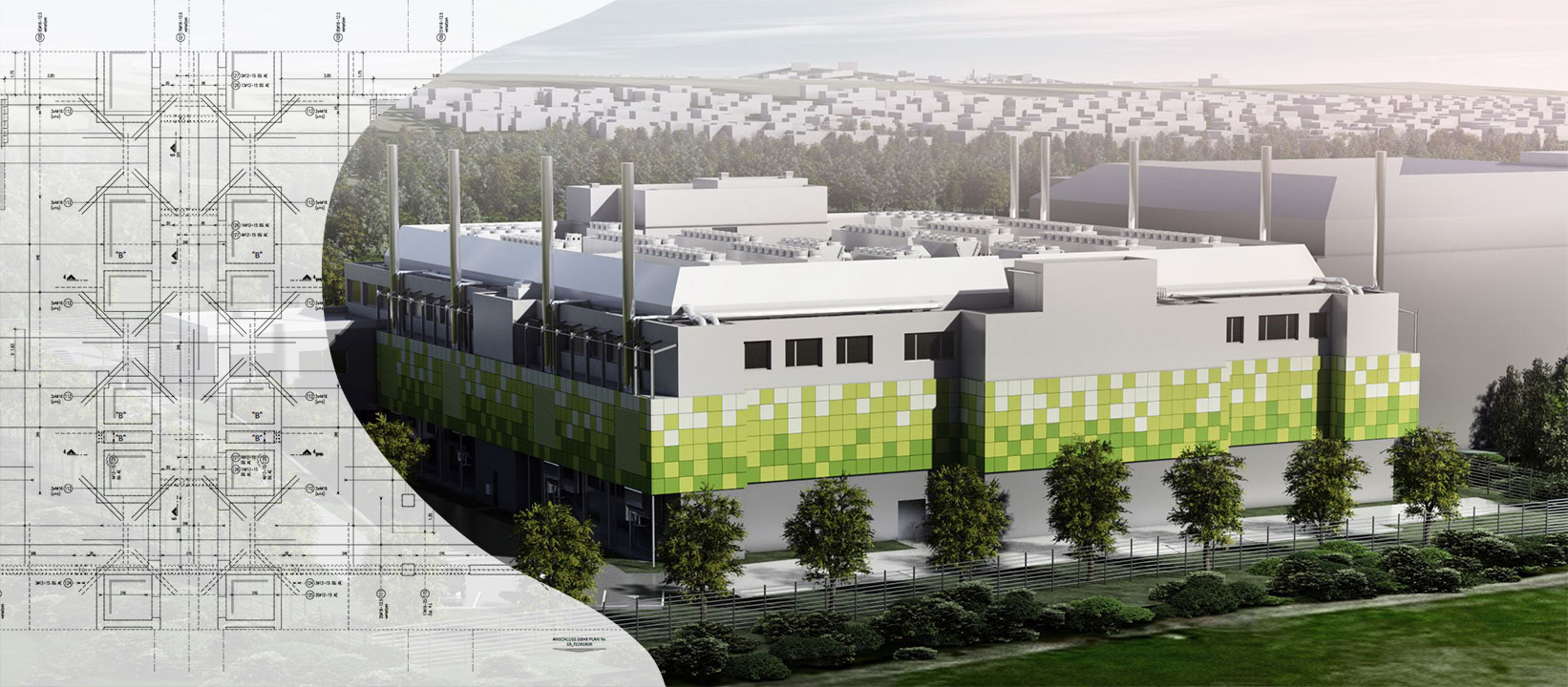 Combination of a photo of FRA02 data center and construction drawing (Reference version)