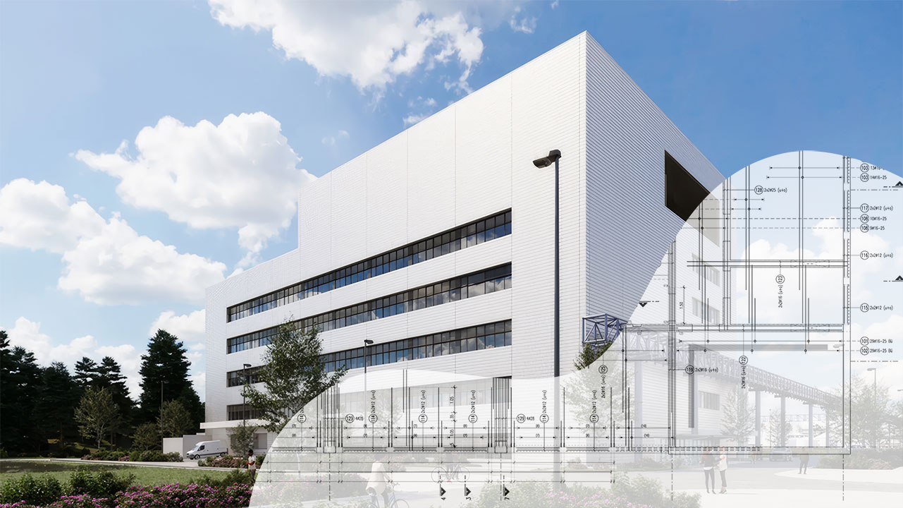 Combination of a photo of Roche industrial facility and construction drawing (Reference version)