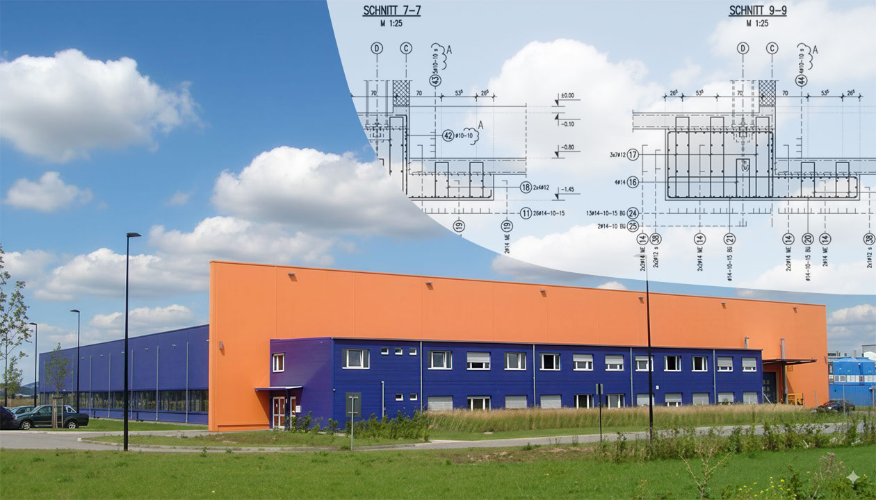 Combination of a photo of Sunways production facility and construction drawing (Reference version)