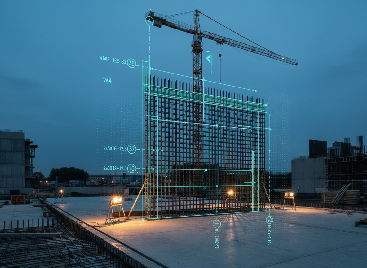 Visualization of a wall reinforcement drawing on a construction site